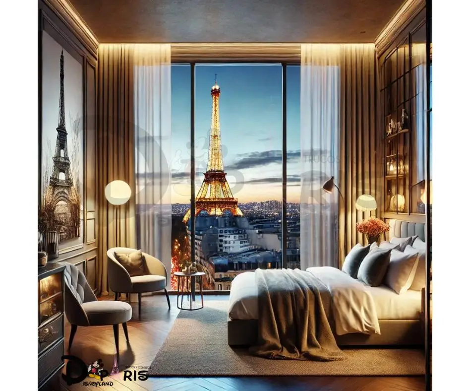 Habitación de hotel con vista a la Torre Eiffel iluminada.