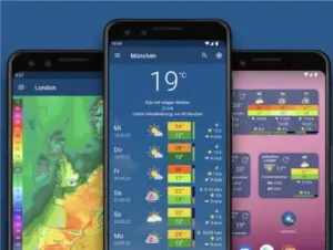 Pantallas de una aplicación de clima con pronósticos detallados.