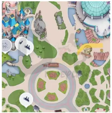 Mapa de atracciones de Disneyland Paris con ubicaciones destacadas.